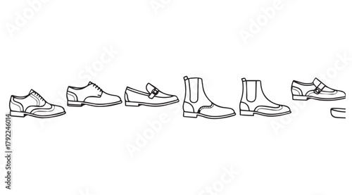 Collection of various footwear styles presented as a clean black and white silhouette