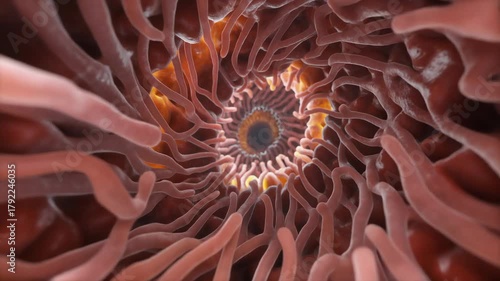 Microscopic animation of human small intestine villi absorbing nutrients