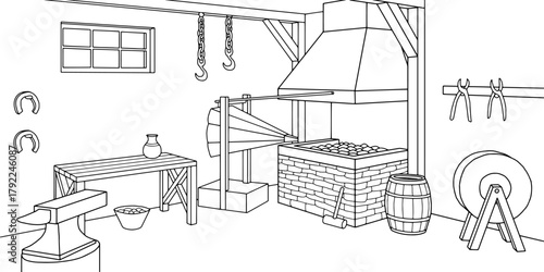 Smithy interior graphic black white illustration vector 