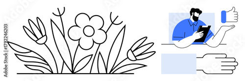 Black and white flowers alongside a person holding a tablet giving a thumbs-up. Ideal for nature, approval, positivity, teamwork, professional feedback, environment, and simple flat metaphor