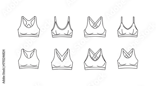 Collection of eight hand drawn sports bra silhouettes in a grid layout silhouette