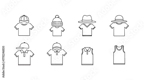 Collection of eight stylized clothing item silhouettes including hats and shirts silhouette