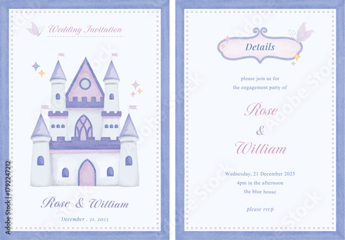 Wedding invitation purple winter fairytale castle kingdom watercolor illustrations