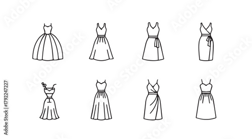 Collection of elegant fashion dresses in a simple line art silhouette style