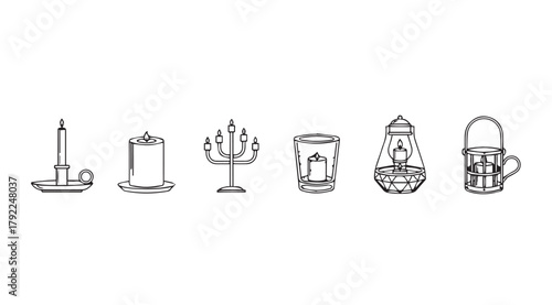 Collection of decorative candle holders and lanterns in a simple line art silhouette style