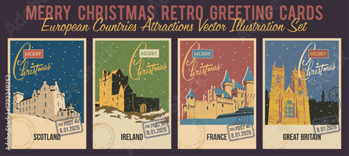 Merry Christmas Retro Greeting Cards. Scotland, Ireland, France, Great Britain Attractions Postcards. Old European Castle, Fortress, Church. Retro Greeting Cards Style Illustrations