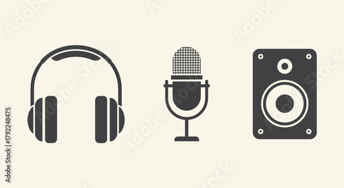 Audio Essentials: A minimalist depiction of the fundamental audio equipment. Featuring a headphones, a microphone, and a speaker that symbolize sound production and music enjoyment. 