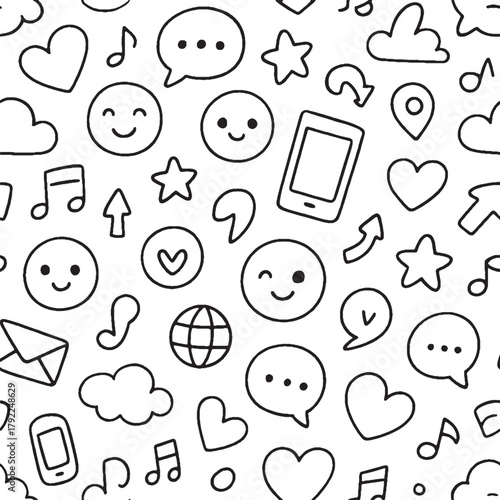 Social Media Doodles Seamless Pattern - Hand Drawn Icons on White Background