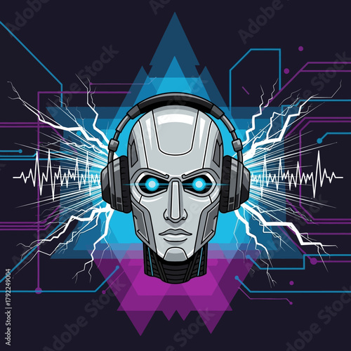 A futuristic robot head with glowing blue eyes wearing headphones, surrounded by soundwaves and lightning.