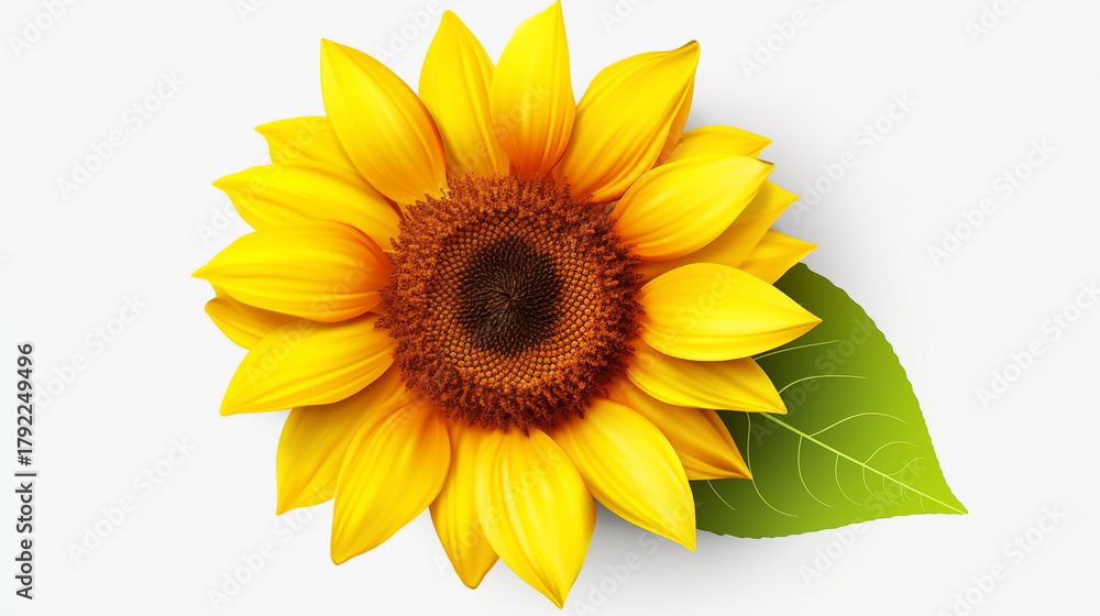 Fototapeta premium Vibrant Sunflower Top View with Green Leaf. Isolated on White, Perfect for Summer & Nature Designs