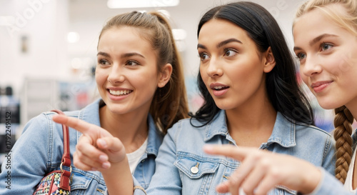 Three smiling young women in denim jackets point enthusiastically, sharing a happy, focused moment while shopping in a bright store.