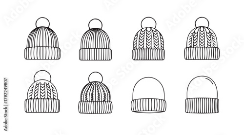 Collection of eight winter knit hats in a simple black and white silhouette style