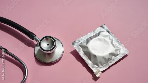Stethoscope positioned beside condom on soft pink surface, highlighting health and safety themes, camera follows the scene progression