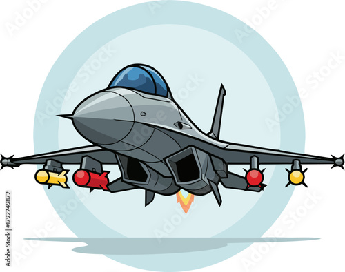 Frontal Vector Fighter Jet with Missiles, Minimal Clean Style