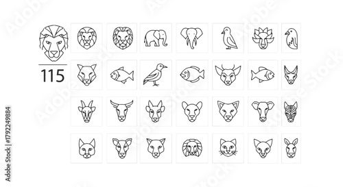 Elegant animal icons collection: vector illustration featuring lion, elephant, bird, fish, and diverse animal heads in minimalist black and white line art