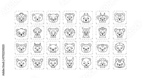 Cute animal faces cartoon vector illustration collection, adorable woodland creatures for kids design and decoration, line art drawing, flat design style