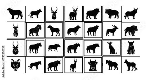 African Animals Silhouette Set Illustration: Wildlife Species Vector Collection in Black and White for Creative Design Projects
