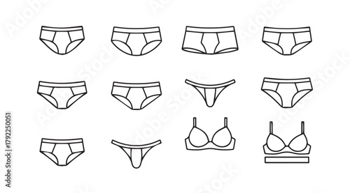 Collection of various underwear styles for men and women in a simple line drawing silhouette
