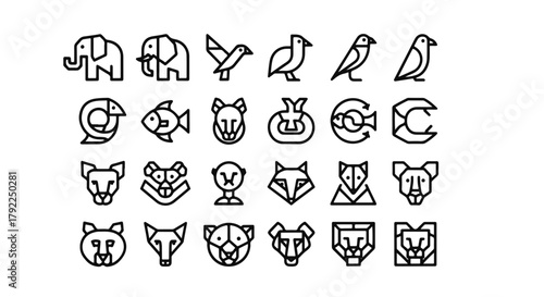 Minimalist Line Art Animal Icon Set Illustration: Elephant, Bird, Fish, Lion, and Fox in Simple Geometric Style on White Background