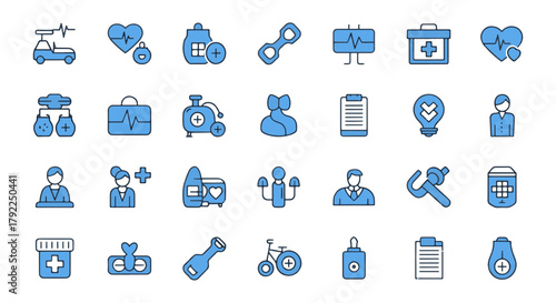Medical Icons Set, Healthcare and Medicine Vector Illustration, Clinic Line Art Pictogram, Doctor Elements, Health Symbol, First Aid Kit and Patient