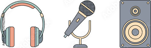 Recording Essentials: An illustration of a microphone, headset, and loudspeaker, essential tools for audio recording and music production, perfect for a podcast or studio-themed project. 