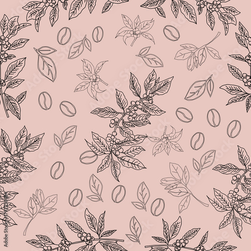 Seamless floral pattern. Branch with leaves. vector illustration of coffee branch. Coffee plant branch with leaf. Hand drawn Coffee tree vector. Coffee beans and leaves. Branch of a plant