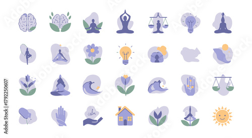 Discovering a serene collection of flat icons symbolizing inner peace, environmental harmony, mindful living, and creative thought