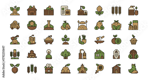 A comprehensive concept of organic farming and sustainable agriculture represented through a vibrant set of flat icons showcasing rural life