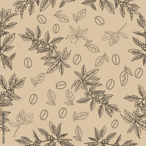 Seamless floral pattern. Branch with leaves. vector illustration of coffee branch. Coffee plant branch with leaf. Hand drawn Coffee tree vector. Coffee beans and leaves. Branch of a plant