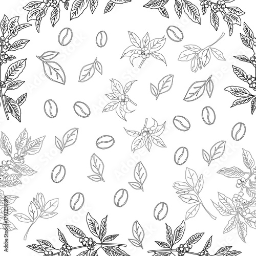 Seamless floral pattern. Branch with leaves. vector illustration of coffee branch. Coffee plant branch with leaf. Hand drawn Coffee tree vector. Coffee beans and leaves. Branch of a plant