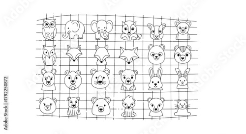 Cute animal cartoon illustration, owl, fox, rabbit, elephant, bear vector drawing on grid, simple hand drawn woodland animal faces line art design