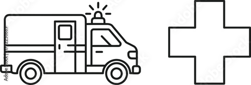 Emergency Response Vehicle Illustration: A minimalist line drawing depicts a medical emergency vehicle alongside a universally recognized healthcare symbol.
