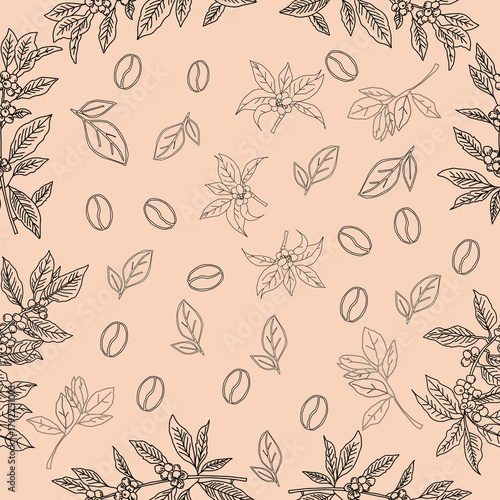 Seamless floral pattern. Branch with leaves. vector illustration of coffee branch. Coffee plant branch with leaf. Hand drawn Coffee tree vector. Coffee beans and leaves. Branch of a plant