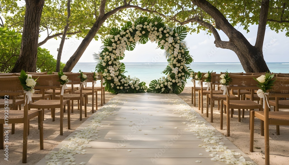 Fototapeta premium Beach wedding setup with floral arch and wooden chairs.