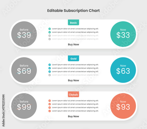 Subscription plans pricing comparison table infographic template: business price chart template, Web banner checklist template design. Design a price list comparison table.
