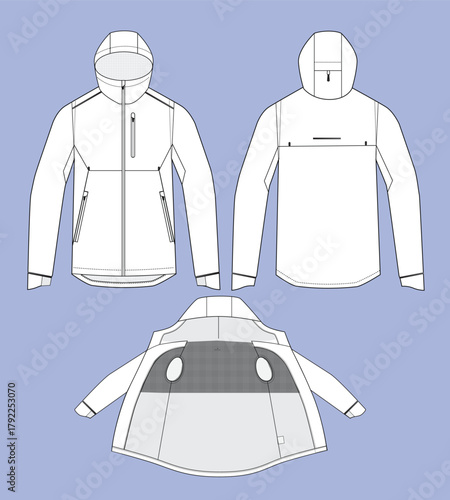 Men's ski jackets technical flat drawing vector mockup illustration.