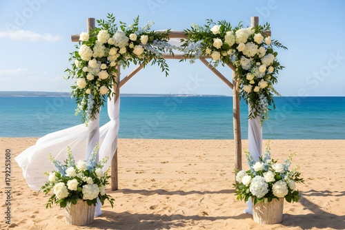 A beautiful wedding arch adorned with white flowers and greenery on a sandy beach with the blue ocean in the background.