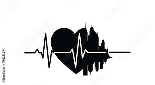City skyline silhouette within a heart shape, representing urban life and health.