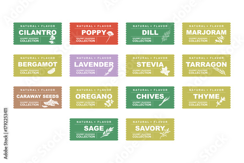 Spices and herbs stickers and labels. Different color packaging for food preparing and culinary. Bags with herbs. Cilantro, poppy, dill, marjoram, bergamot organic product for selling vector set.