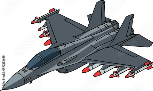 Modern Fighter Jet with Multiple Missiles, Minimalist Vector Art, Top Side View, Clean Lines