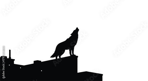 Lone wolf silhouette howling from a rooftop against a bright sky