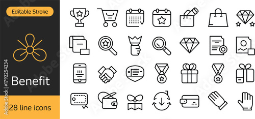 Modern benefit icons set with editable stroke, achievement, reward, and loyalty program vector illustrations for marketing, business, and customer engagement
