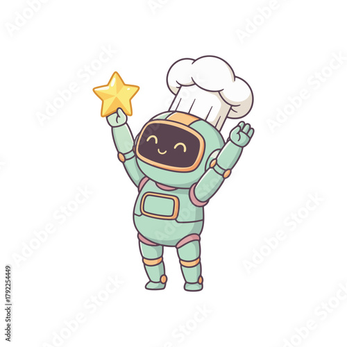 Adorable cartoon robot chef wearing a tall white chefs hat holding a golden star award.