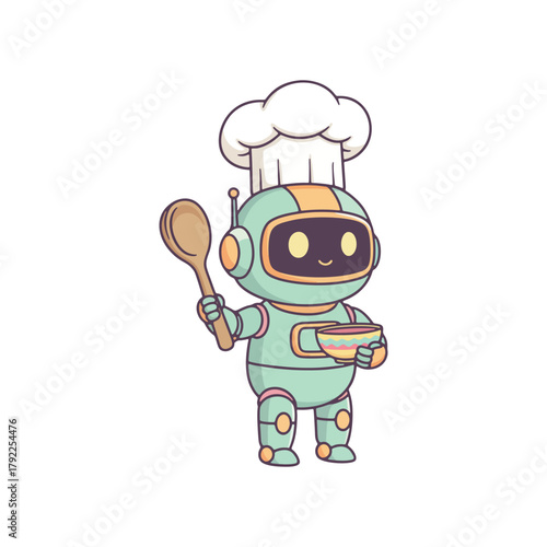 Cute cartoon robot chef mascot wearing a toque holding a wooden spoon and mixing bowl.