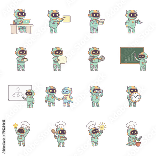 Green cartoon robots character set performing diverse actions and expressions.