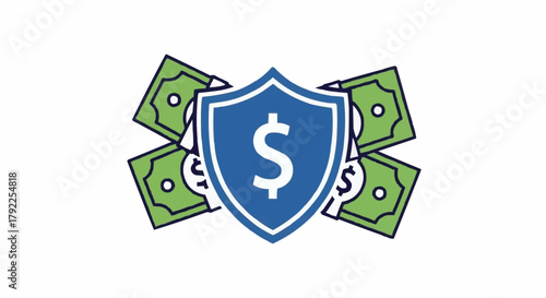 Financial Security Shield with Dollar Bills Protection Concept.