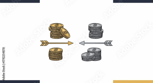 Vintage illustration of currency exchange with gold and silver coins.
