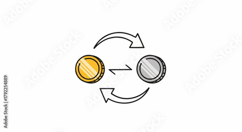 Gold and silver coins exchange with circular arrows.