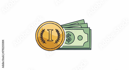 Golden coin and dollar bills representing financial wealth and investment.