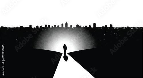Lone figure walks towards a glowing city skyline at dusk, symbolizing hope and urban ambition.